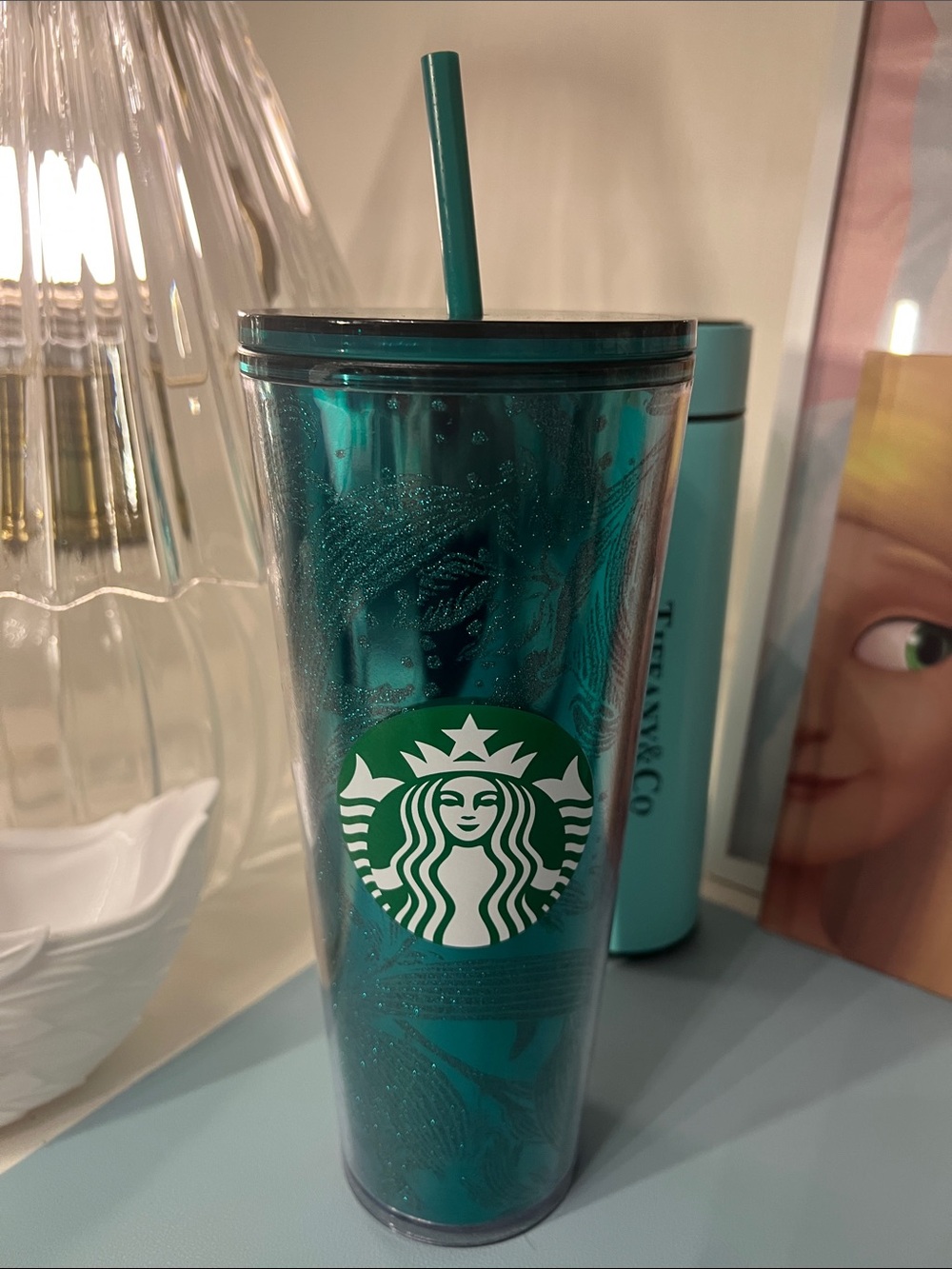 Starbucks Teal Metallic Glitter Tumbler with Straw